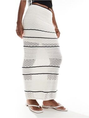 Abercrombie & Fitch White Crochet Maxi Skirt with Black Stripes